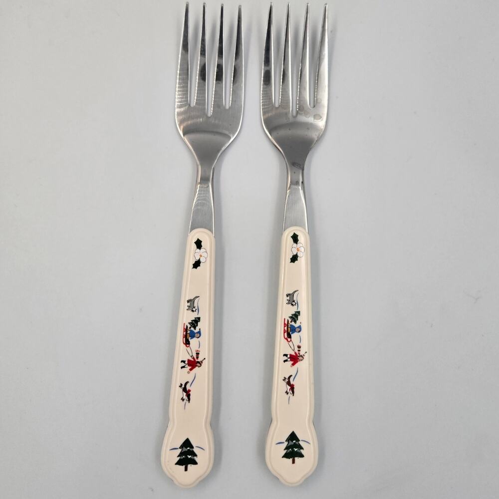 Two Pfaltzgraff Snow Village Stainless Steel Salad Fork Replacements
